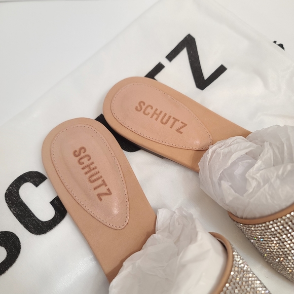 Schutz | Felicie Crystal Flat Mule Slides in Honey Beige Size 7 - Picture 5 of 9